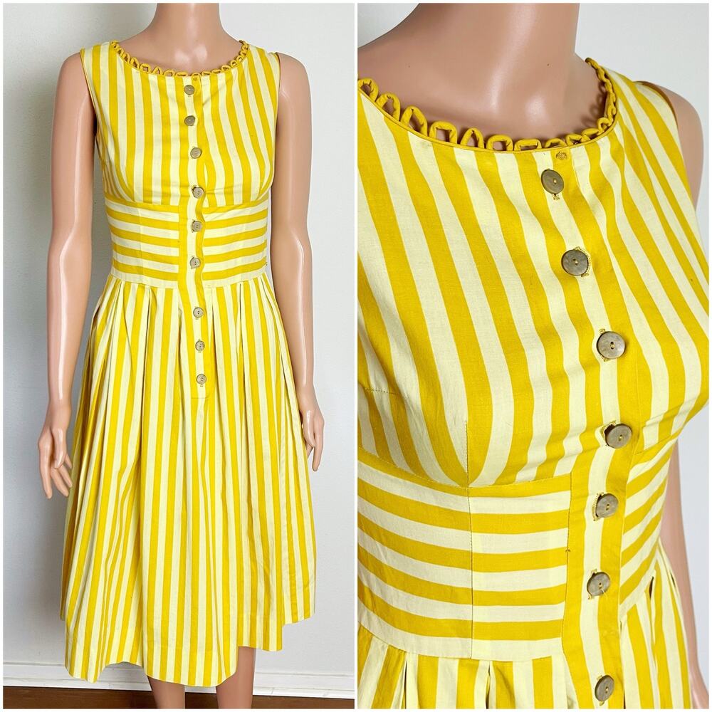 Vintage 1950s Yellow Striped Novelty Beach Sun‎ Dress // Size XXS